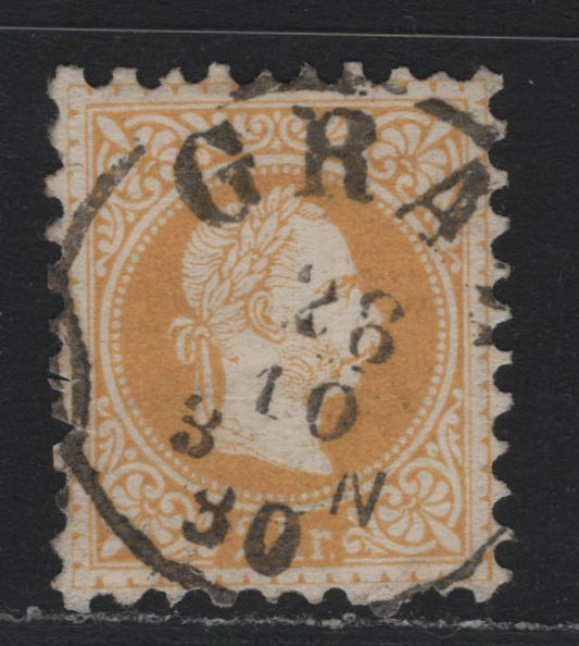 Lot 143 Austria (C) Scott#34a 2kr Yellow , 1874-1880 Franz Josef Issue, A Very Fine Used Single, Perf 9.5, Fine Print, October 28, 1880 Gram Cancel.