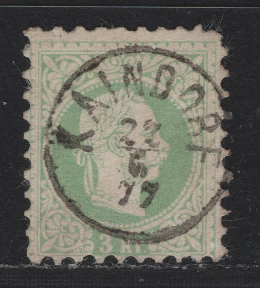 Lot 145 Austria Scott#35 3kr Green , 1874-1880 Franz Josef Issue, A Fine Used Single, Fine Print, Perf 9.5, SON Kaindorf Cancel Dated June 22 1877.