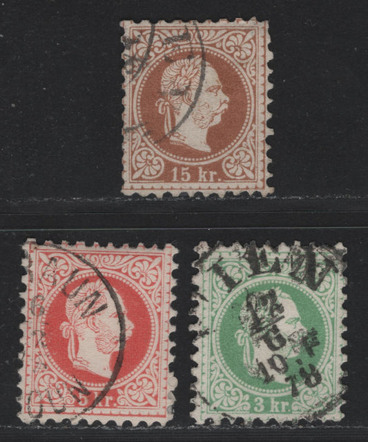 Lot 146 Austria (C) Scott#35a-36a, 38a 3kr - 15kr Green - Brown , 1874-1880 Franz Josef Issue, 3 Fine/Very Fine Used Singles, 5kr Is type III, Perf 9, Fine Print.