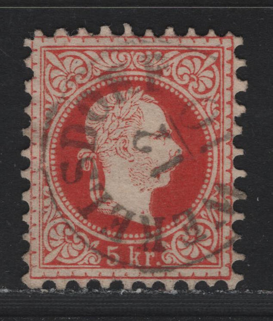 Lot 147 Austria Scott#36a 5kr - 15kr Rose Red - Slate & Buff , 1874-1880 Franz Josef Issue, A Fine Used Single, Type III, Perf 9, Welsdorf Czech Republic Cancel.