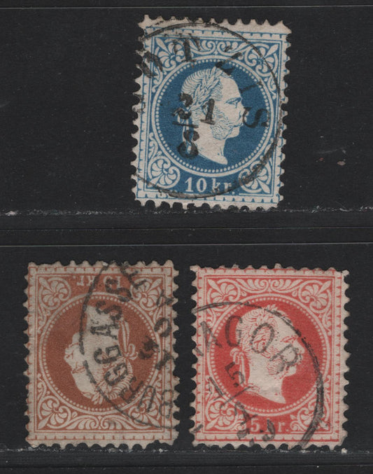 Lot 148 Austria Scott#36n, 37b, 38b 5kr - 15kr Rose - Brown , 1874-1880 Franz Josef Issue, 3 Very Good/Fine/Very Fine Used Singles, Perf 10.5, Fine Print
