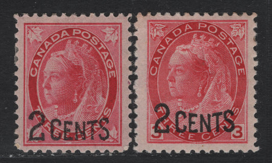 Lot 15 Canada (C) #87-88 2c on 3c Carmine Rose - Rosine , 1899 Provisional Issue, 2 VFOG Singles, ABN-X & ABN-A Papers, Perfs 12 & 12x11.9