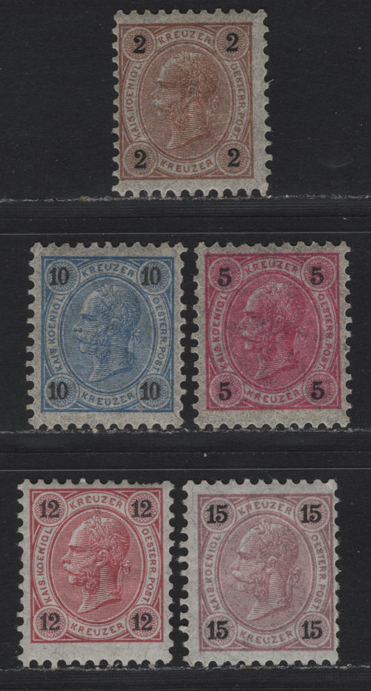 Lot 151 Austria Scott#52, 54-57 2kr - 15kr Brown & Black , 1890-1896 Franz Josef Sidefaces Issue, 5 VG/F/VFNH Singles, Kreuzer Currency