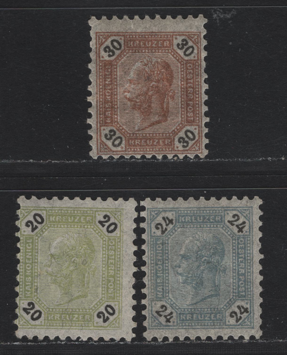 Lot 152 Austria Scott#66-68 20kr - 30kr Olive Green & Black - Brown & Black , 1891 Franz Josef Sidefaces Issue, 3 F/VFNH Singles, Perf 10.5