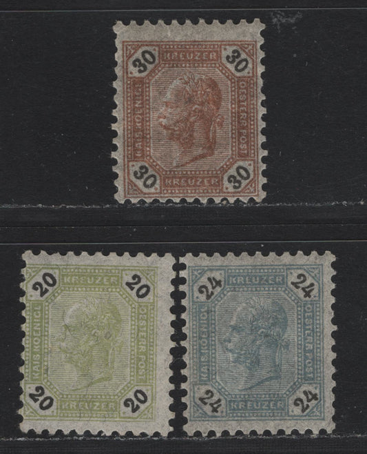 Lot 152 Austria Scott#66-68 20kr - 30kr Olive Green & Black - Brown & Black , 1891 Franz Josef Sidefaces Issue, 3 F/VFNH Singles, Perf 10.5