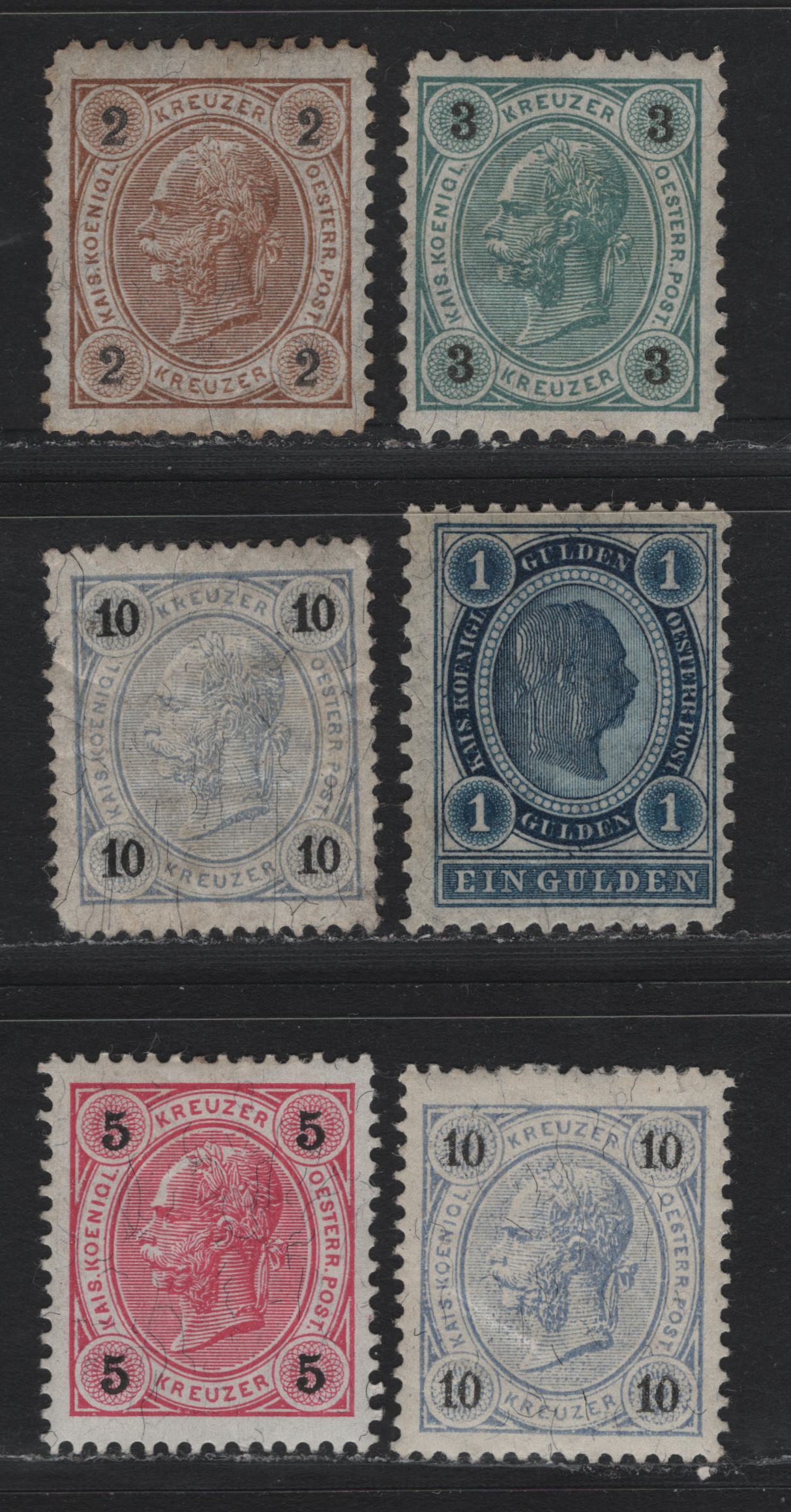 Lot 153 Austria Scott#52-55, 62 2kr - 1gld Brown & Black - Dark Blue , 1890-1896 Franz Josef Sidefaces Issue, 5 F/VFOG Singles, Perfs 11.5, 11.5x10.5, 10.5, 13.5x12.5 & 13.5