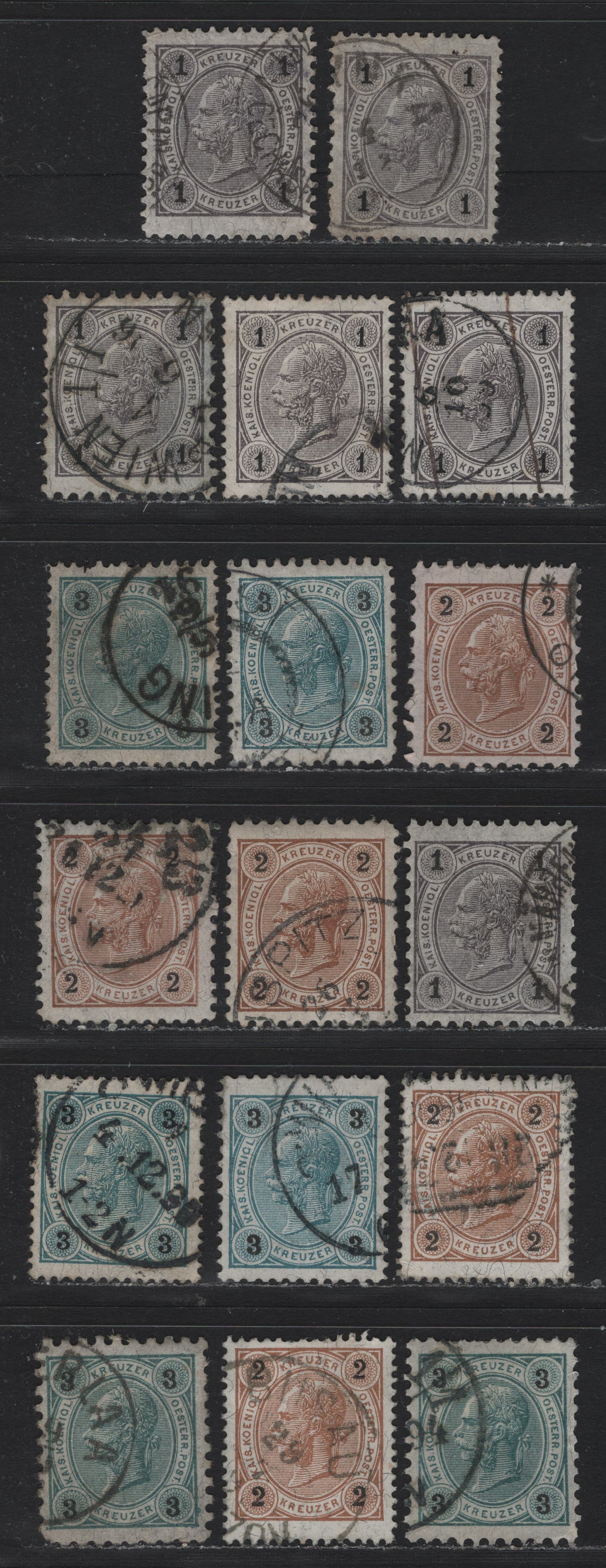 Lot 154 Austria (C) Scott#51-53 1kr - 3kr Dark Gray & Black - Blue Green & Black , 1890-1896 Franz Josef Sidefaces Issue, 17 Fine/Very Fine Used Singles, Kreuzer Currency, Various Perfs