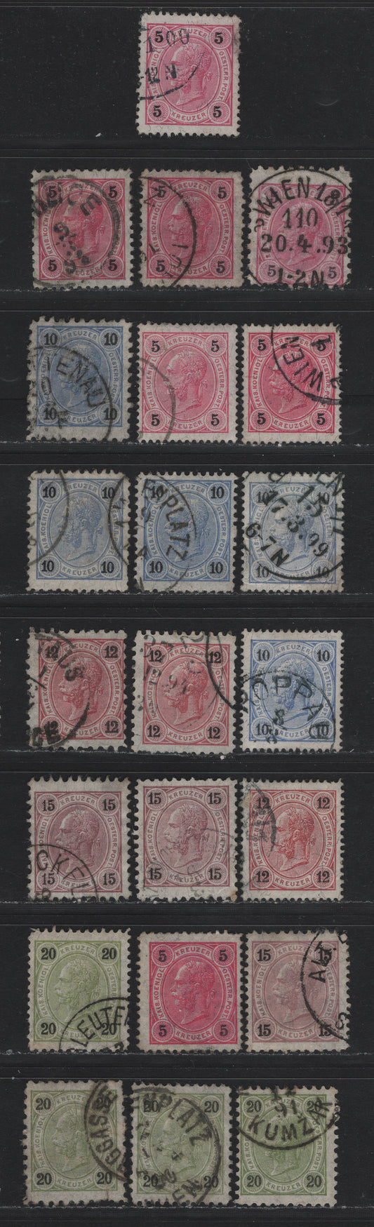Lot 155 Austria Scott#54-58 5kr - 20kr Rose & Black - Olive Green & Black , 1890-1896 Franz Josef Sidefaces Issue, 22 Very Good/Fine/Very Fine Used Singles, Various Perfs