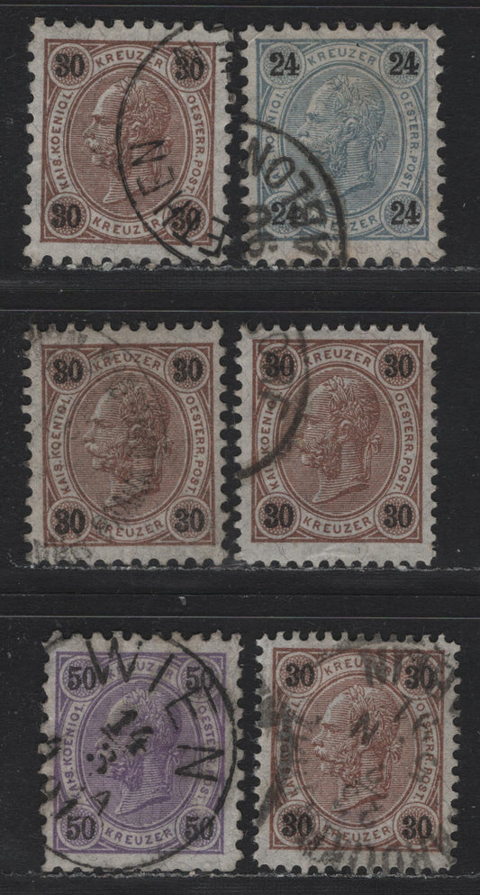 Lot 156 Austria Scott#59-61 24kr - 50kr Gray Blue - Violet , 1890-1896 Franz Josef Sidefaces Issue, 6 Fine/Very Fine Used Singles, Various Perfs