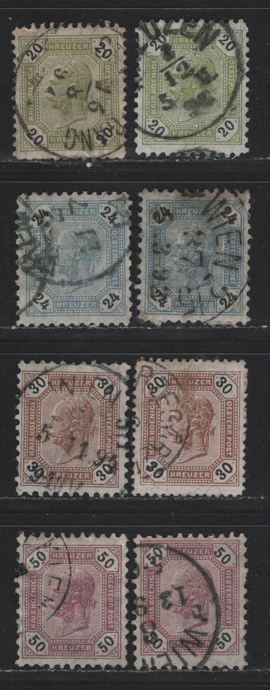 Lot 158 Austria (C) Scott#66-69 20kr - 50kr Olive Green & Black - Violet & Black , 1891 Franz Josef Sidefaces Issue, 8 Fine/Very Fine Used Singles, Various Perfs