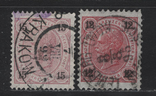 Lot 159 Austria (C) Scott#56-57 12kr - 15kr Claret - Lilac , 1890-1896 Franz Josef Sidefaces Issue, 2 Very Fine Used Singles, Perfs 11.5 & 13, Kreuzer Currency, August 7 1899 Krakow 1 Poland Cancels & August 8 1895 Lemburg-Lwow (Ukraine) Cancels.