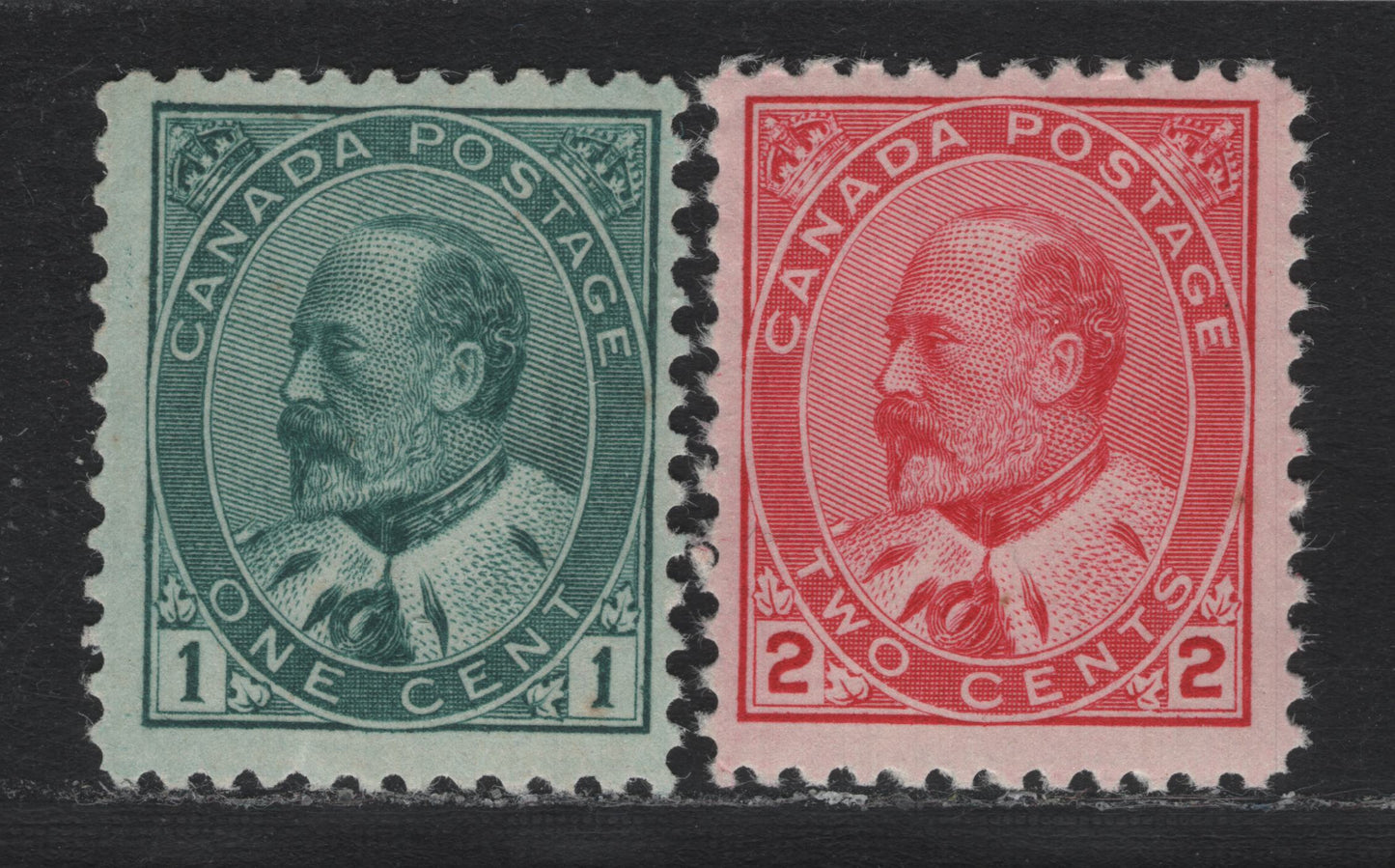 Lot 16 Canada (C) #89iii, 90 1c - 2c Blue Green - Carmine , 1903-1908 King Edward VII Issue, 2 VFNH Singles, ABN-A Paper, Perfs 12x11.8 & 12, Both Are NH, But The 1c Has A Blemish On The Gum.