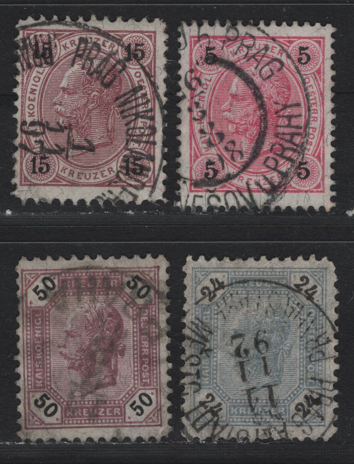 Lot 162 Austria Scott#54, 57, 67, 69 5kr - 50kr Rose & Black - Violet , 1890-1896 Franz Josef Sidefaces Issue, 4 Fine/Very Fine Used Singles, Perfs 13x13.25 (5k), Perf 11.5 (15kr), 11.75 (24kr) & 11.5 (50kr), Various Prague Cancels