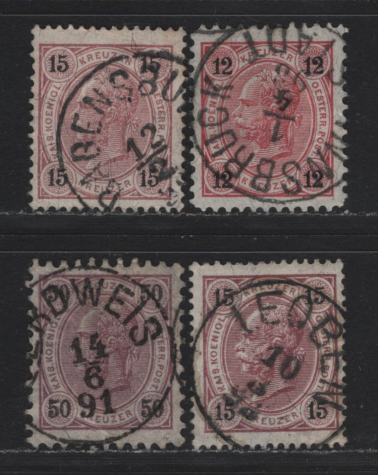 Lot 165 Austria Scott#56-57 12kr - 15kr Claret - Lilac , 1890-1896 Franz Josef Sidefaces Issue, 4 Fine/Very Fine Used Singles, Perfs 11/5x11/25. 13/25x12/75, 13x13.25 & 10.5, SON Innsbruck, Badensburg, Erdweis & Leoben CDS Cancels