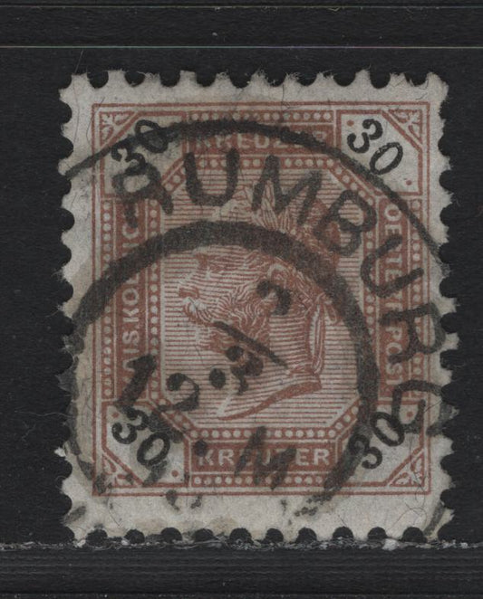 Lot 168 Austria Scott#68 30kr Brown & Black , 1890-1896 Franz Josef Sidefaces Issue, A Fine Used Single, Perf 10x10.25, SON Feb 3 1895 Rumberg Cancel