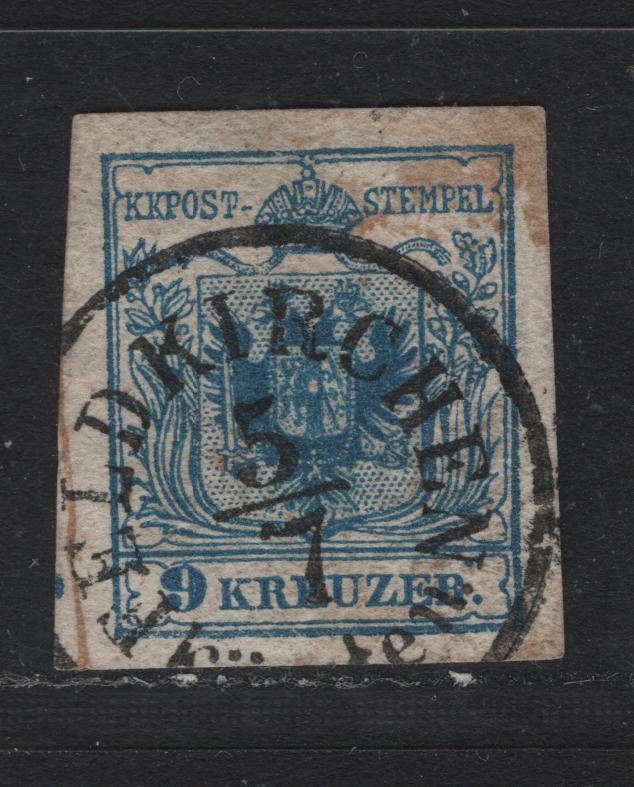 Lot 170 Austria Scott#5g 9kr Deep Blue , 1854 Arms Issue, A Very Fine used Single, SON Feldkirchen Cancel Dated July 5th (1850,51,52 or 83) Feldkirchen is In Corinthia (Austria)