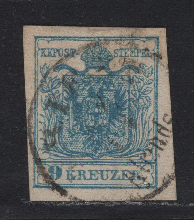 Lot 171 Austria Scott#5e 9kr Blue , 1854 Arms Issue, A Very Fine used Single, Type III, Machine Made Cancel