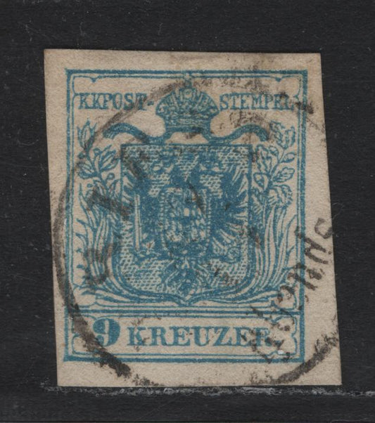 Lot 171 Austria Scott#5e 9kr Blue , 1854 Arms Issue, A Very Fine used Single, Type III, Machine Made Cancel