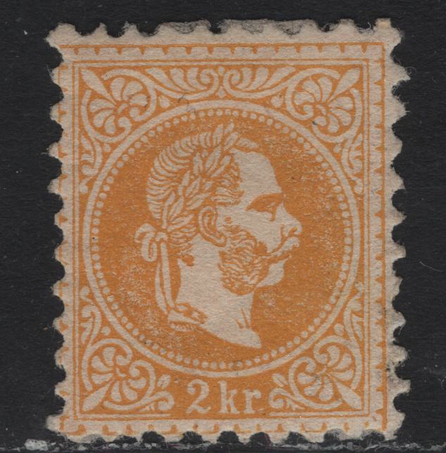 Lot 173 Austria Scott#27 2d Yellow , 1867-1872 Franz Josef Issue, A FOG Single, Coarse Print, Perf 9.5