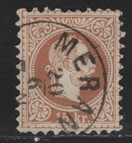 Lot 175 Austria Scott#38 15kr - 30kr Brown , 1867-1872 Franz Josef Issue, A Very Fine Used Single, Perf 9.5, SON Meran, Italy Cancel Dated June 20