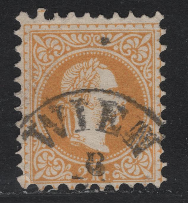 Lot 176 Austria Scott#34a 2kr Yellow , 1867-1872 Franz Josef Issue, A Fine Used Single, Perf 9, Fine Print, Wien Cancel.