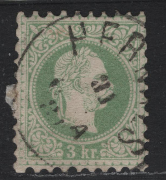 Lot 177 Austria Scott#35a 3kr Green , 1867-1872 Franz Josef Issue, A Fine Used Single, Perf 9, Fine Print