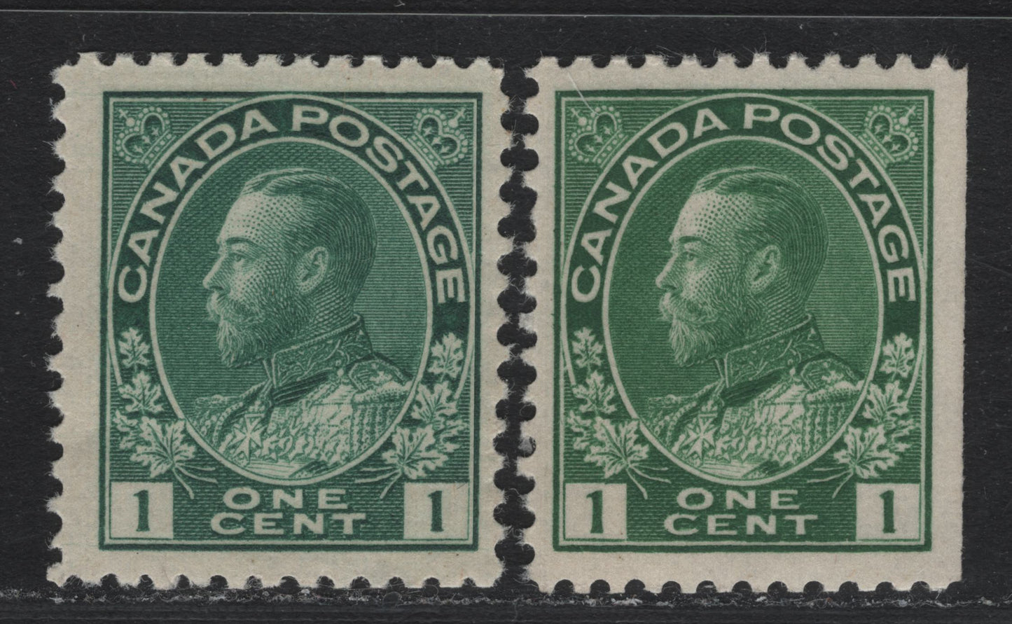 Lot 18 Canada (C) #104, 104ii 1c Dark Green - Deep YellowishGreen , 1911-1925 Admiral Issue, 2 F/VFNH Singles, ABN-A & ABN-E Papers, Perfs 11.9x12 & 11.9x11.8