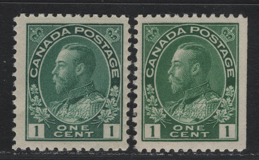 Lot 18 Canada (C) #104, 104ii 1c Dark Green - Deep YellowishGreen , 1911-1925 Admiral Issue, 2 F/VFNH Singles, ABN-A & ABN-E Papers, Perfs 11.9x12 & 11.9x11.8