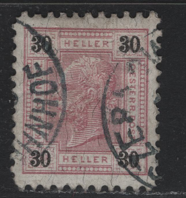 Lot 182 Austria Scott#78var 30h Red Violet & Black , 1899 Franz Joseph Sideface Issue, A Very Fine used Single, Scarce Perforation, As Most Of These Stamps Are Perf 12, 12.5, 13 & 13.5