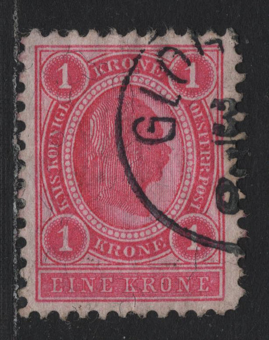 Lot 185 Austria Scott#83var 1kr - 3kr Carmine Rose , 1899 Franz Joseph Sideface Issue, A Very Fine Used Single, Scarce Line Perf 10.5