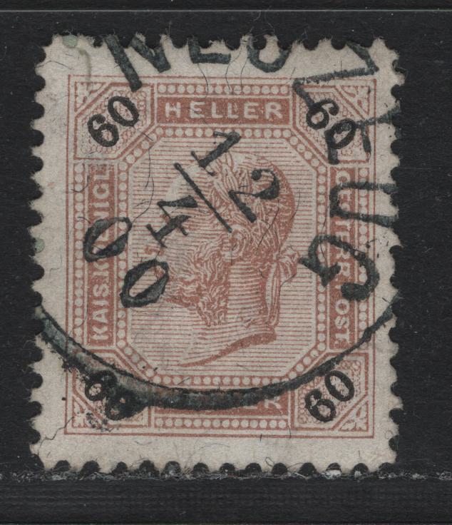 Lot 190 Austria Scott#82var 60h Brown & Black , 1899 Franz Joseph Sideface Issue, A Very Fine used Single, Scarce Line Perf 12.5, SON Neuzeug Cancel Dated April 4 1900