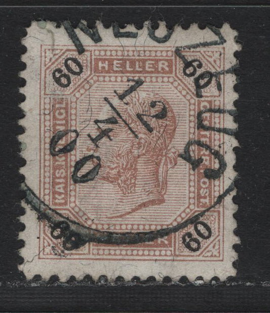 Lot 190 Austria Scott#82var 60h Brown & Black , 1899 Franz Joseph Sideface Issue, A Very Fine used Single, Scarce Line Perf 12.5, SON Neuzeug Cancel Dated April 4 1900