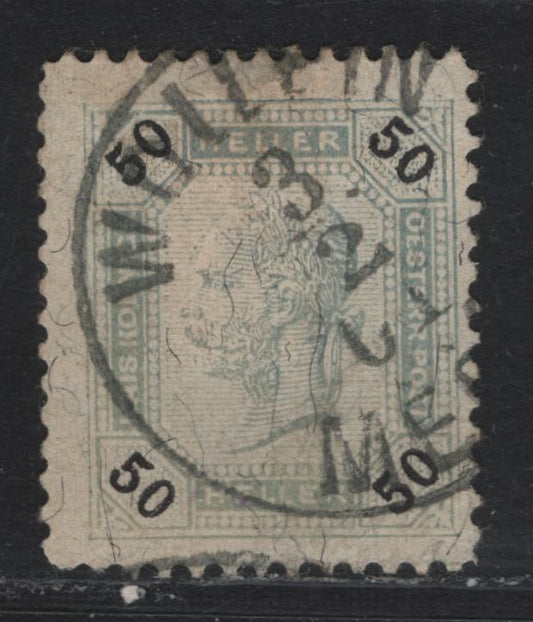 Lot 192 Austria Scott#81var 50h Gray Blue & Black , 1899 Franz Joseph Sideface Issue, A Fine Used Single, Rare Line Perf 12.5, Feb 3 1901 Wollein, Merin Cancellation
