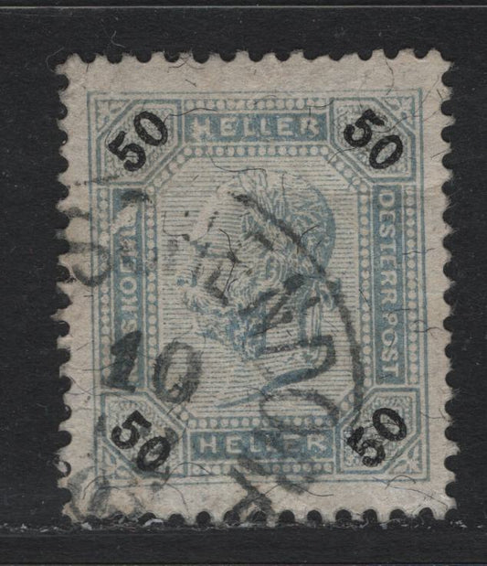 Lot 193 Austria Scott#81var 50h Gray Blue & Black , 1899 Franz Joseph Sideface Issue, A Very Fine Used Single, Comb Perf 13x13.25, Schendorf, Hungary Partial CDS