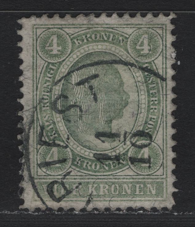 Lot 194 Austria Scott#85var 4k Gray Green , 1899 Franz Joseph Sideface Issue, A Fine Used Single, Rare Line Perf 12.5, Trieste CDS Dated October 11 (Year Not Visible)