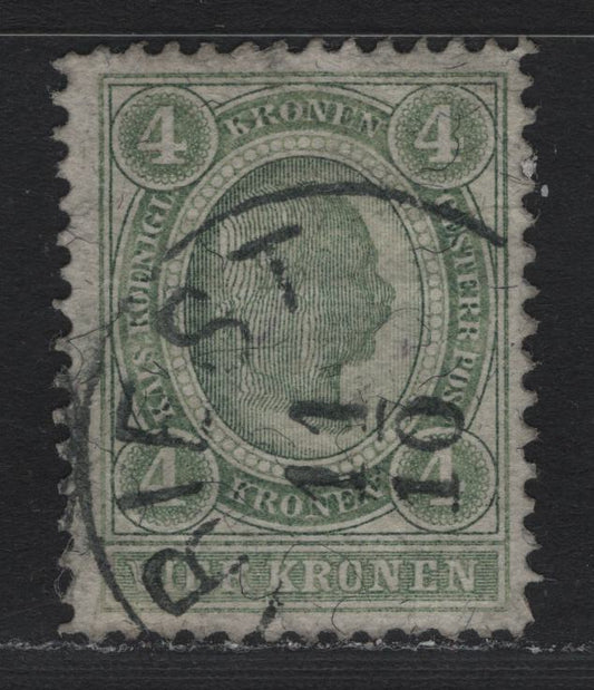 Lot 194 Austria Scott#85var 4k Gray Green , 1899 Franz Joseph Sideface Issue, A Fine Used Single, Rare Line Perf 12.5, Trieste CDS Dated October 11 (Year Not Visible)