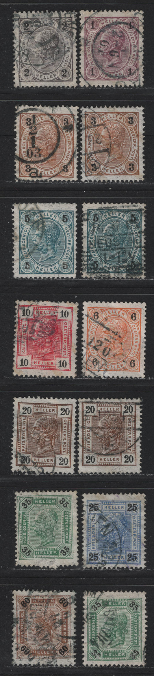 Lot 197 Austria Scott#70a-77a, 79, 82a 1h - 60h Lilac & Black - Brown & Black , 1901 Franz Josef Sideface First Issue, 14 Fine/Very Fine Used Singles, Varnish Bars Perfs