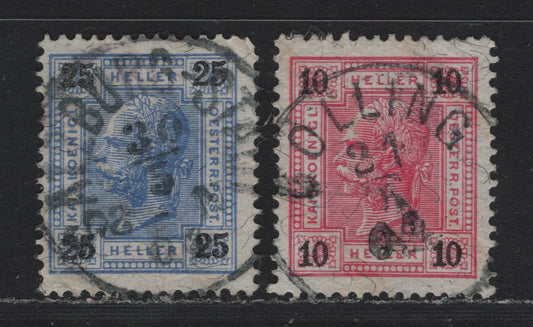 Lot 198 Austria Scott#75a, 77a 10h - 25h Rose & Black - Ultramarine & Black , 1901 Franz Josef Sideface First Issue, 2 Fine/Very Fine Used Singles, Perf 13x13.25 With Varnish Bars, SON Salzburg & Gulling CDS Cancels