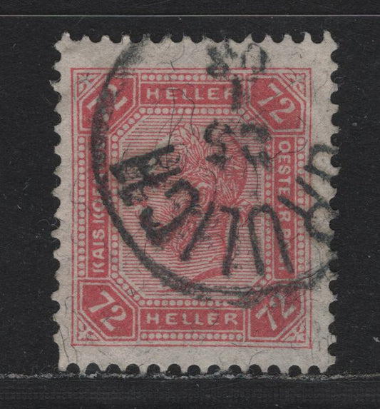 Lot 199 Austria (C) Scott#105 72h Rose , 1901 Franz Josef Sideface First Issue, A Fine Used Single, Comb Perf 13.5x12.5, Jan 25 1908 Grulich, Czech Republic Cancel
