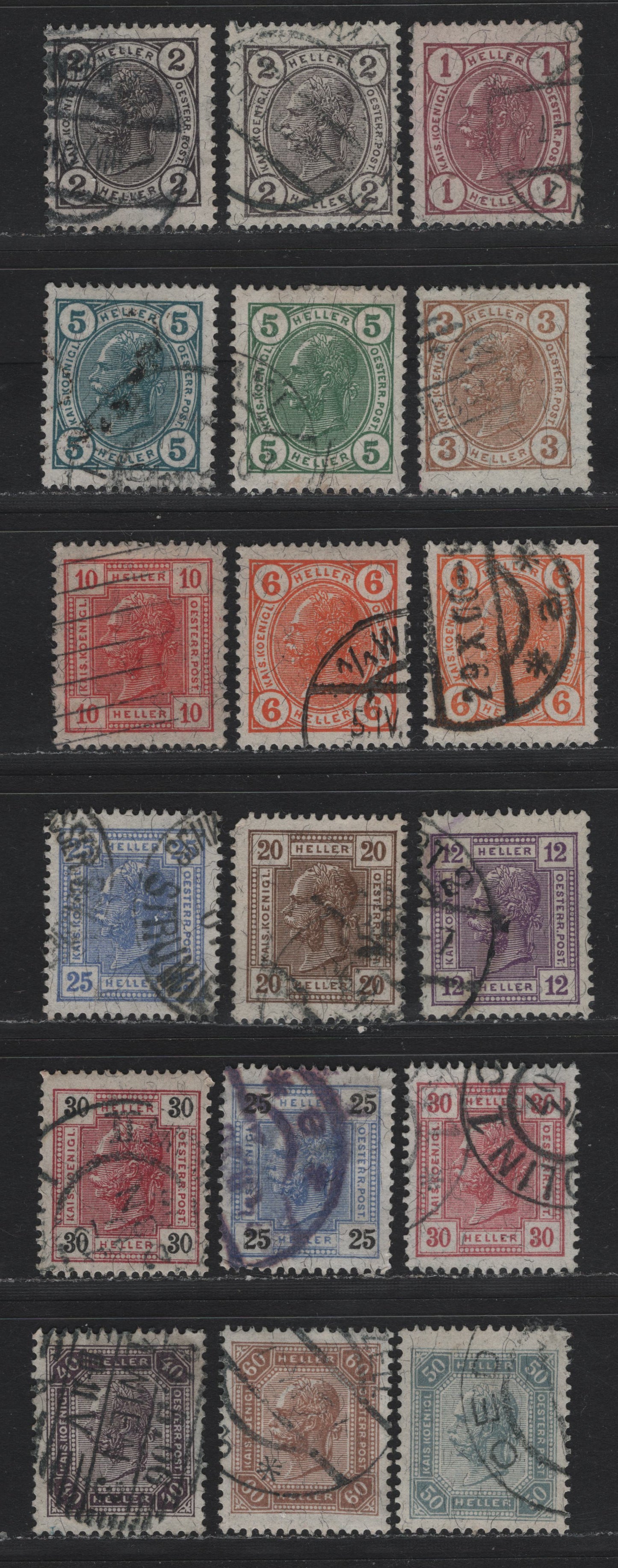 Lot 200 Austria (C) Scott#86-96, 99-100, 102-104 1h - 60h Lilac - Yellow Brown , 1905-1907 Franz Josepf Second Issue, 18 Fine/Very Fine Used Singles, Most All Perf 13x12.5 Except 3h, Which Is 13.5x12.5 & 13x13.5