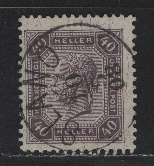 Lot 202 Austria Scott#102 40h Deep Violet , 1905-1907 Franz Josepf Second Issue, A Fine Used Single, Perf 13x12.5, SON Slano, Dalmatia Cancel, Dated May 10 1908.