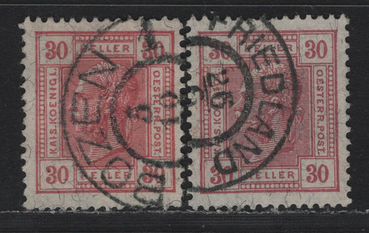 Lot 203 Austria Scott#96 30h Red Violet , 1905-1907 Franz Josepf Second Issue, 2 Very Fine used Singles, Perf 13x12.5, Partial Friedland & Bozen, Southern Tyrol CDS Cancels