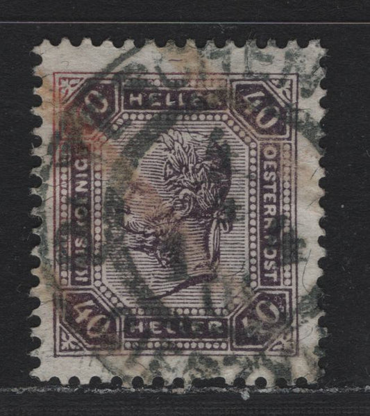 Lot 204 Austria Scott#102f 40h Deep Violet , 1905-1907 Franz Josepf Second Issue, A Fine Used Single, Perf 13x13.5, Faked Varnish Bars Applied Over Top Of The Ink & Cancel, Which Would Not Be The Case If Genuine, Teschen, C.R Cancel.