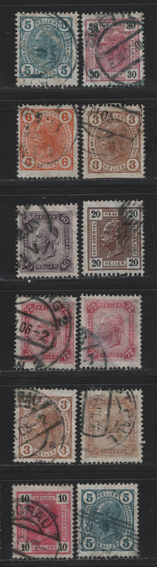 Lot 205 Austria (C) Scott#88a, 89a-b, 91a, 97a-98a, 100a, 102a, 104b, 105a, 3h - 72h Brown - Rose , 1904 Franz Josef Issue, 12 Fine/Very Fine Used Singles, Almost All Perf 13x13.5, Except 5h & 60h perf 13x12.5 & 3g, 5g, 10h & 30h Perf 13x13.25