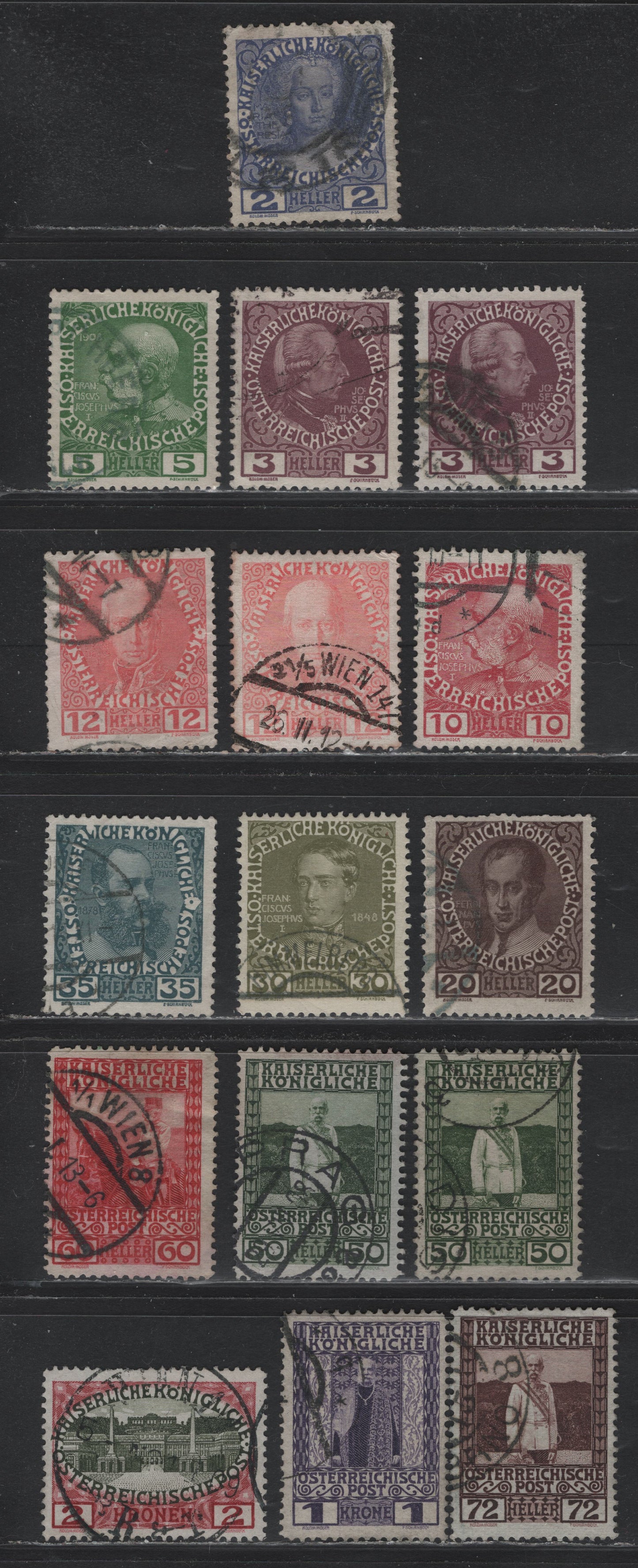 Lot 213 Austria Scott#111-113, 115-117, 119-125 2h - 2k Blue Violet - Lake & Olive Green , 1908-1916 Royal Family Issue, 16 Fine/Very Fine Used Singles, Includes 2 Shades Of 3h & 5h
