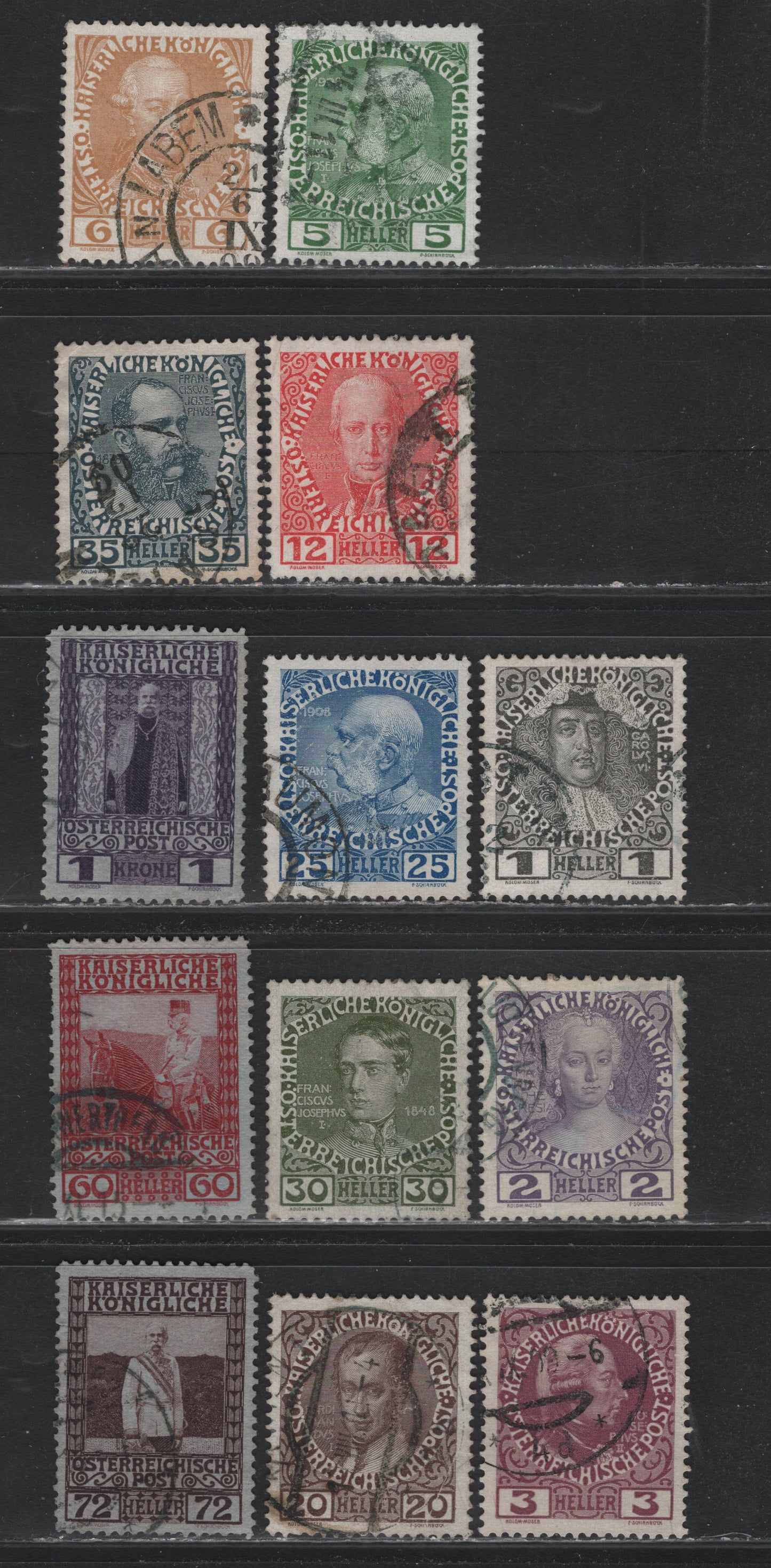 Lot 214 Austria Scott#110a-112a, 113b, 114a, 116a-120a, 122c, 123a, 124c 1h - 1k Gray Black - Purple , 1908-1916 Royal Family Issue, 13 Fine/Very Fine Used Singles, Chalky & Grayish Papers, 35h Has A Tiny Corner Crease