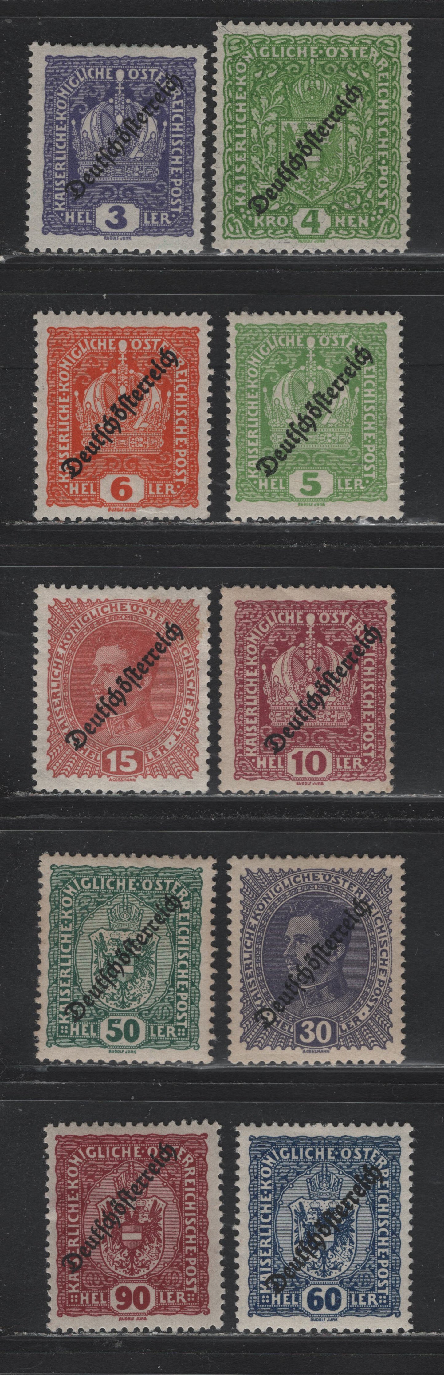 Lot 217 Austria Scott#181-184, 186, 189, 191-192, 194, 198 3h - 10k Violet , 1918-1919 Republic Overprinted Issue, 10 F/VFOG/NH Singles, 4k Is The Type 2 Printing Measuing 26x29mm