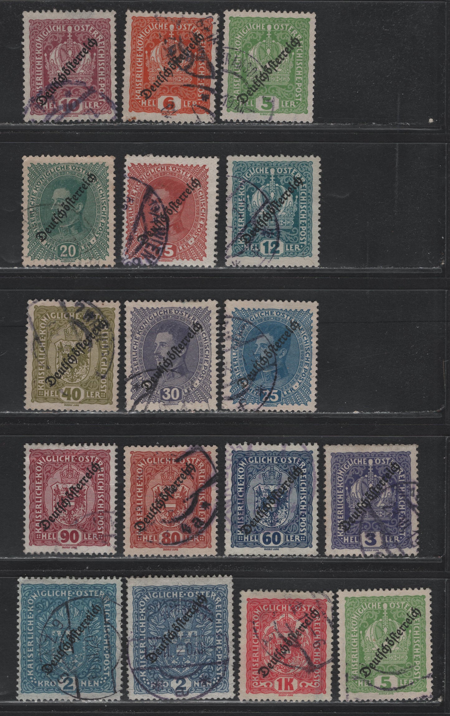 Lot 220 Austria Scott#181-190, 192-196 3h - 2k Violet - Light Blue , 1918-1919 Republic Overprinted Issue, 17 Fine/Very Fine Used Singles, Includes Two Shades og 5h & 2k