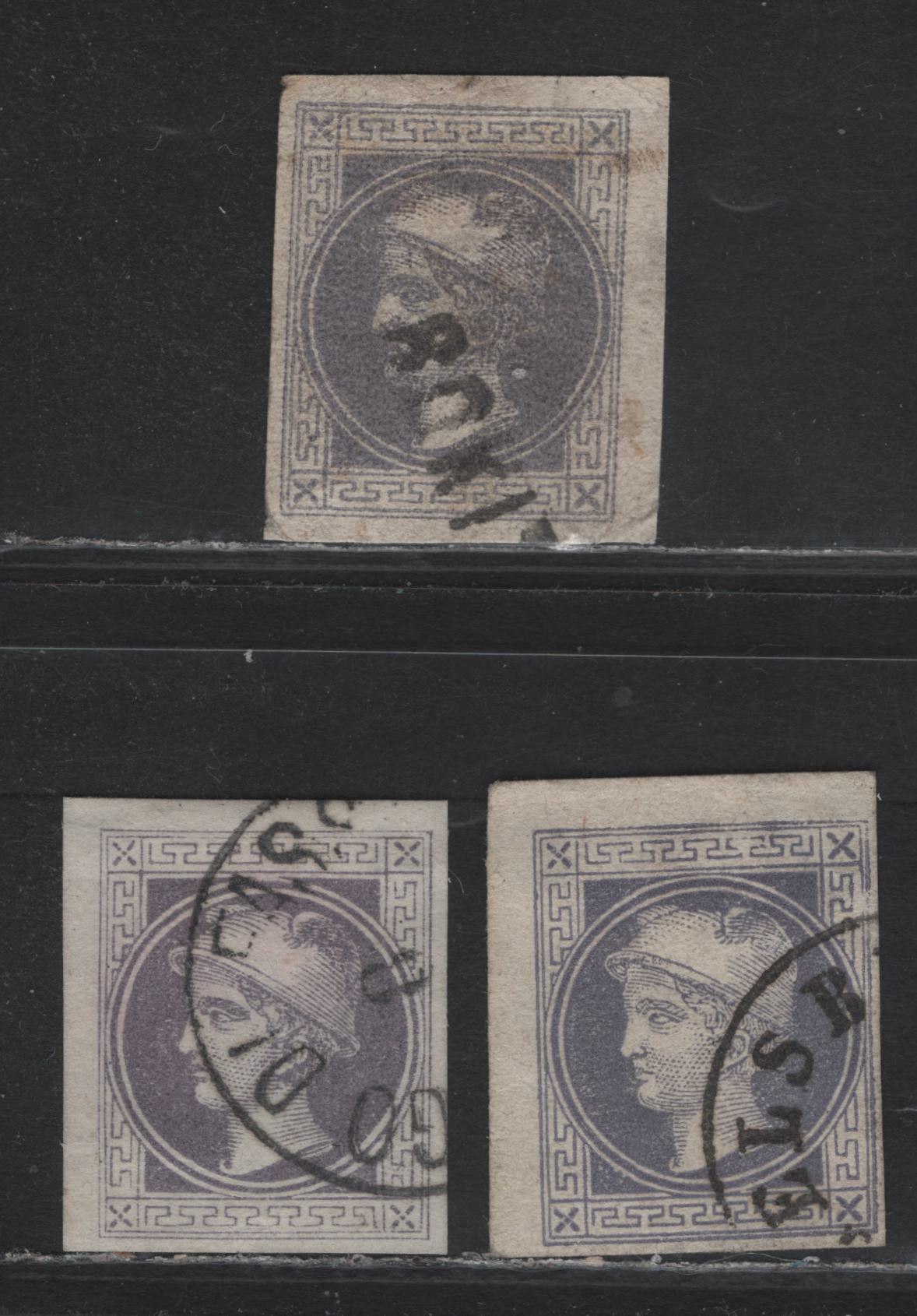 Lot 225 Austria Scott#P9, P9Bd, P9B 1kr Violet , 1867-1876 Mercury Newspaper Issue, 3 Fine/Very Fine Used Singles, Type 1 Coarse, Type II Fine & Type III Printings, Small Shallow Thin On the Type 1 Printing