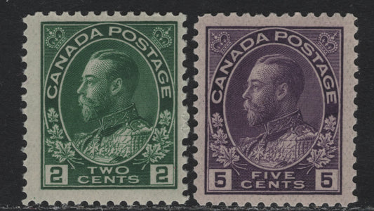Lot 23 Canada (C) #107a, 112a 2c - 5c Deep Green - Milky Violet , 1911-1924 KGV Admiral Issue, 2 FNH/VFOG Singles, Wet Printings, ABN-AA Paper, 2c Has Retouched Frameline & Perf 11.8x11.9, 5c Has Weakly Retouched Frameline, Perf 11.9.